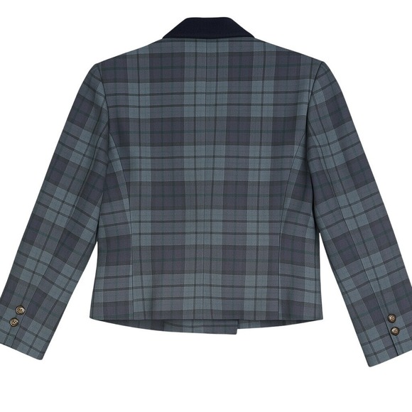 Carroll Reed Blazer Womens 14P Blue Plaid Wool Double Breasted Velvet Collar - Picture 2 of 9